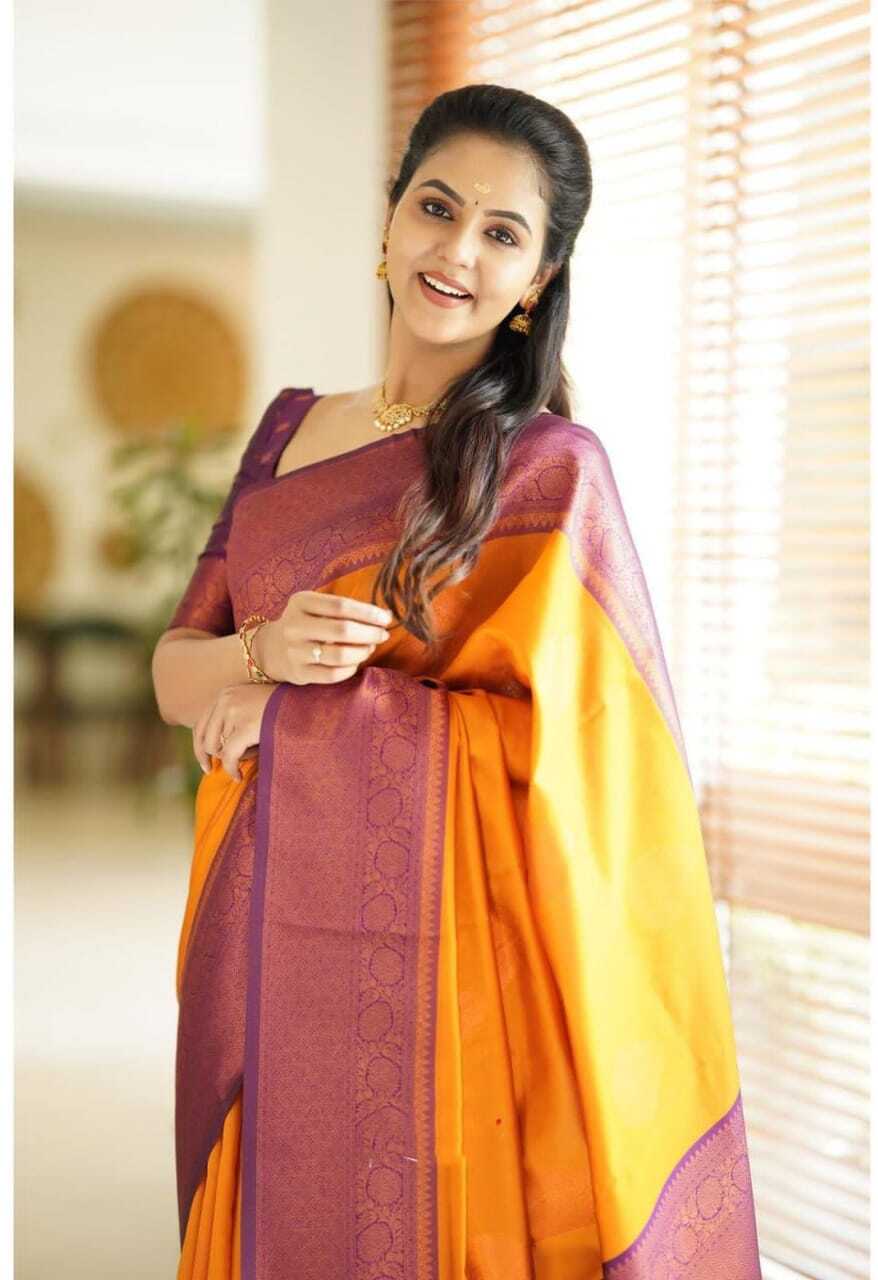 Vamika Weaving Banarasi Jacquard yellow Kanjivaram Saree | Grocsy
