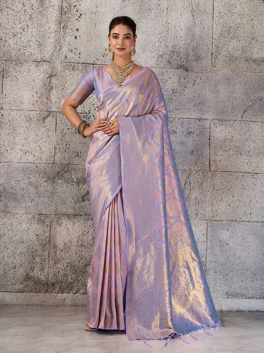 Shree Shyam Fashion Lavender Kanjivaram Silk Blend Fancy Saree | Grocsy