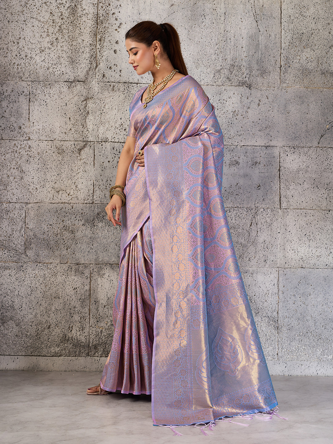 Shree Shyam Fashion Lavender Kanjivaram Silk Blend Fancy Saree | Grocsy