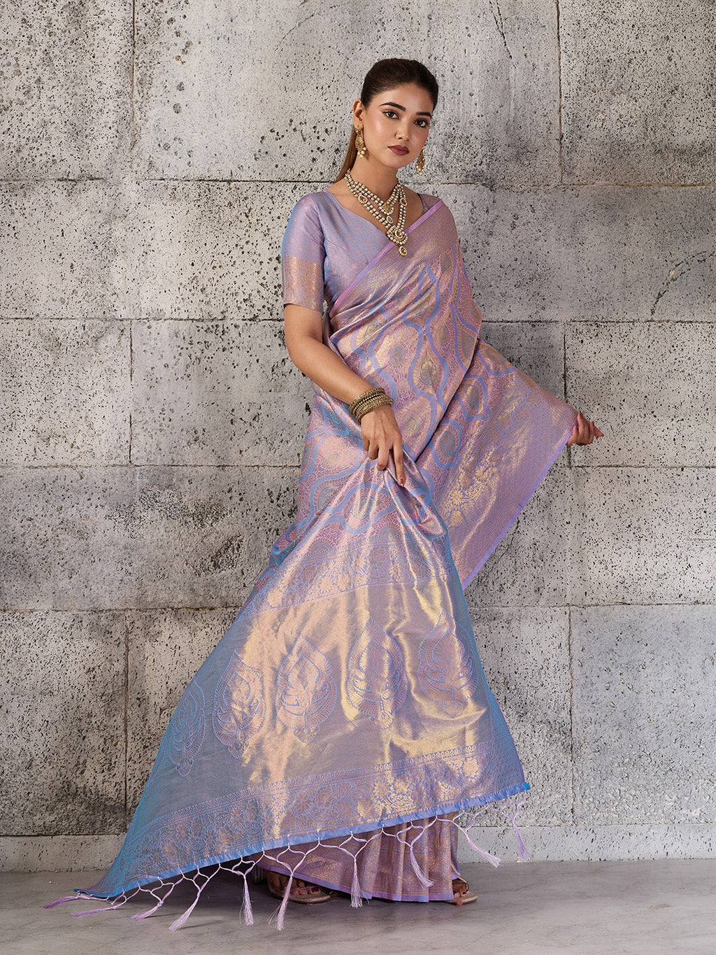 Shree Shyam Fashion Lavender Kanjivaram Silk Blend Fancy Saree | Grocsy