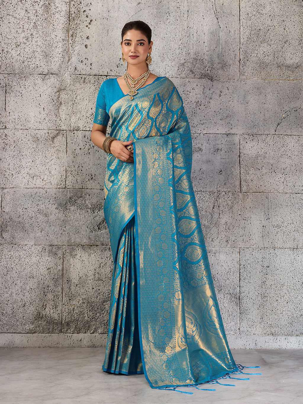 Shree Shyam Fashion Teal Blue Kanjivaram Silk Blend Fancy Saree | Grocsy