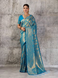 Shree Shyam Fashion Teal Blue Kanjivaram Silk Blend Fancy Saree | Grocsy