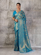 Shree Shyam Fashion Teal Blue Kanjivaram Silk Blend Fancy Saree | Grocsy
