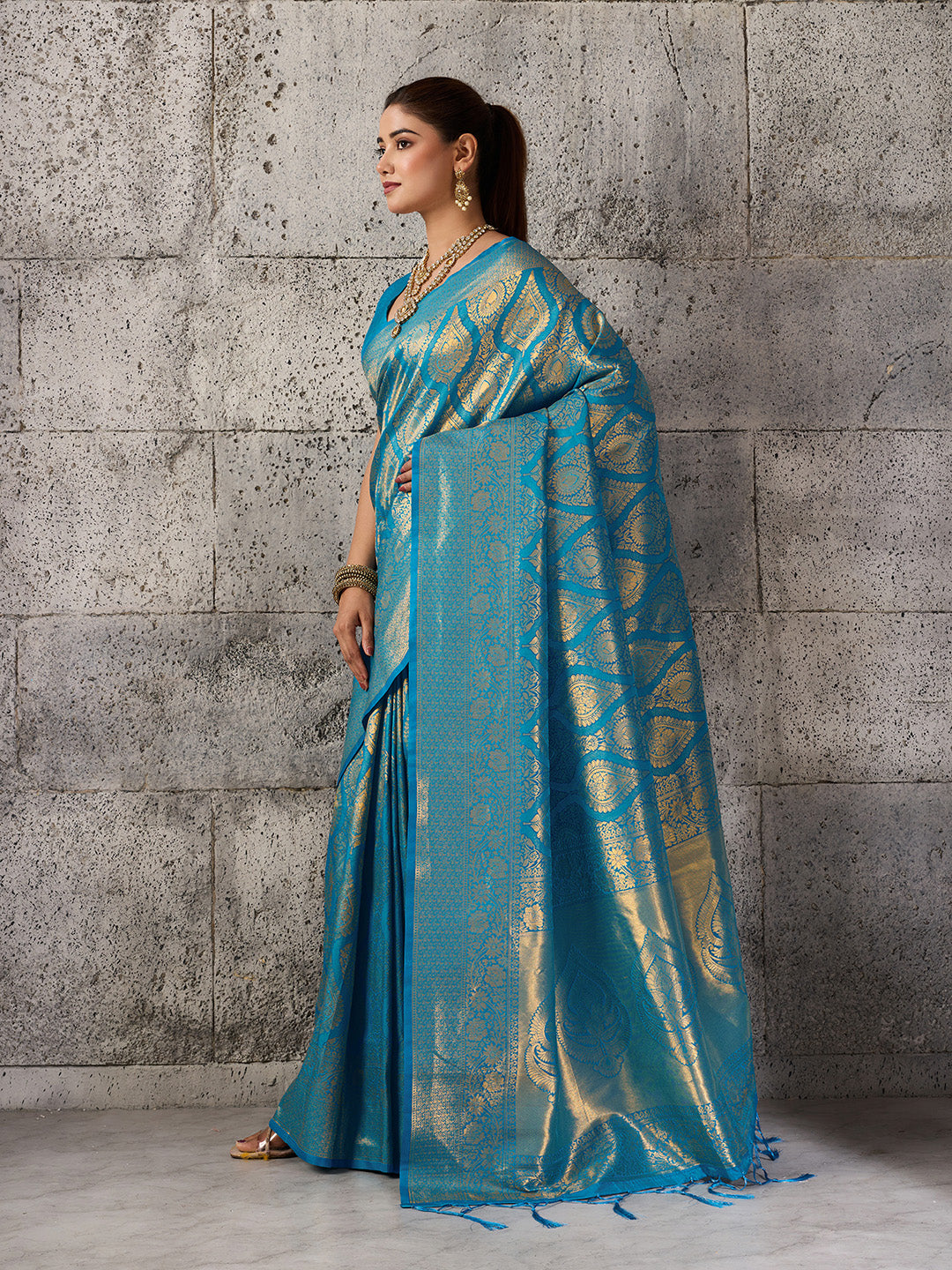 Shree Shyam Fashion Teal Blue Kanjivaram Silk Blend Fancy Saree | Grocsy