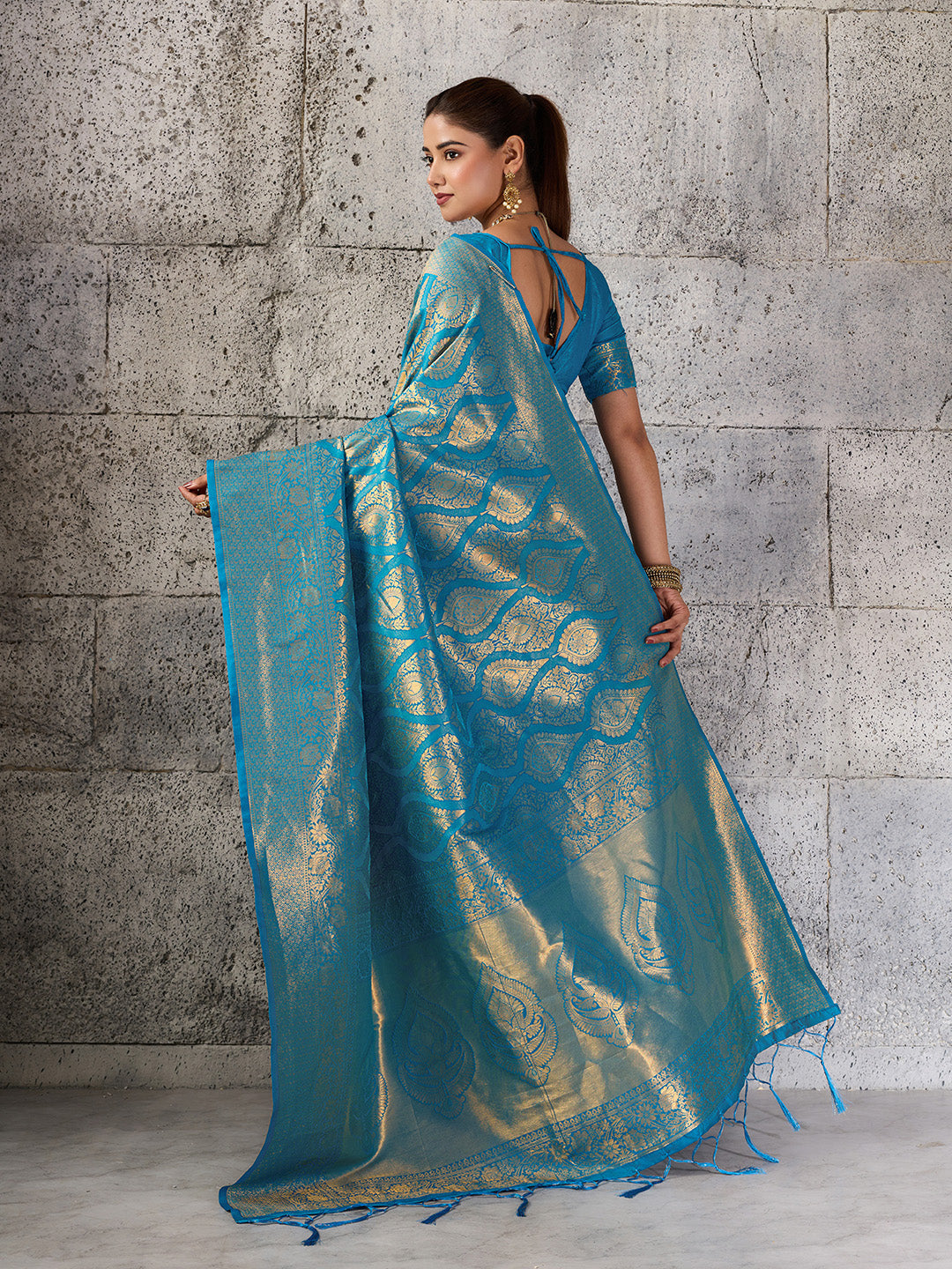 Shree Shyam Fashion Teal Blue Kanjivaram Silk Blend Fancy Saree | Grocsy
