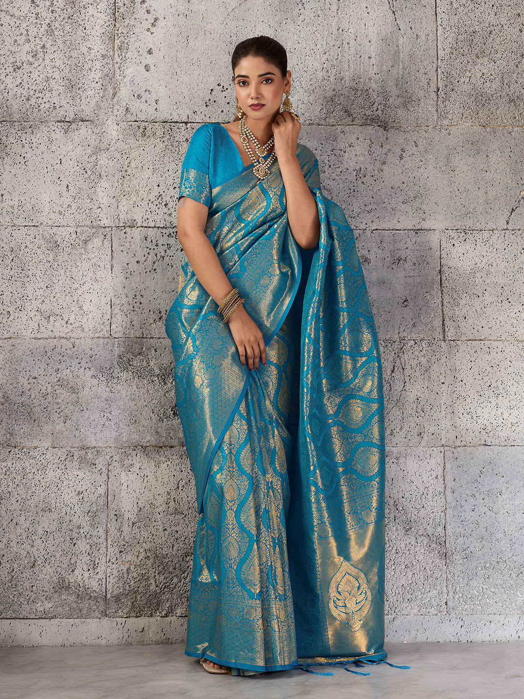 Shree Shyam Fashion Teal Blue Kanjivaram Silk Blend Fancy Saree | Grocsy