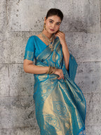 Shree Shyam Fashion Teal Blue Kanjivaram Silk Blend Fancy Saree | Grocsy