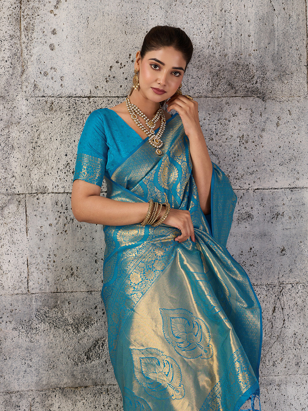 Shree Shyam Fashion Teal Blue Kanjivaram Silk Blend Fancy Saree | Grocsy