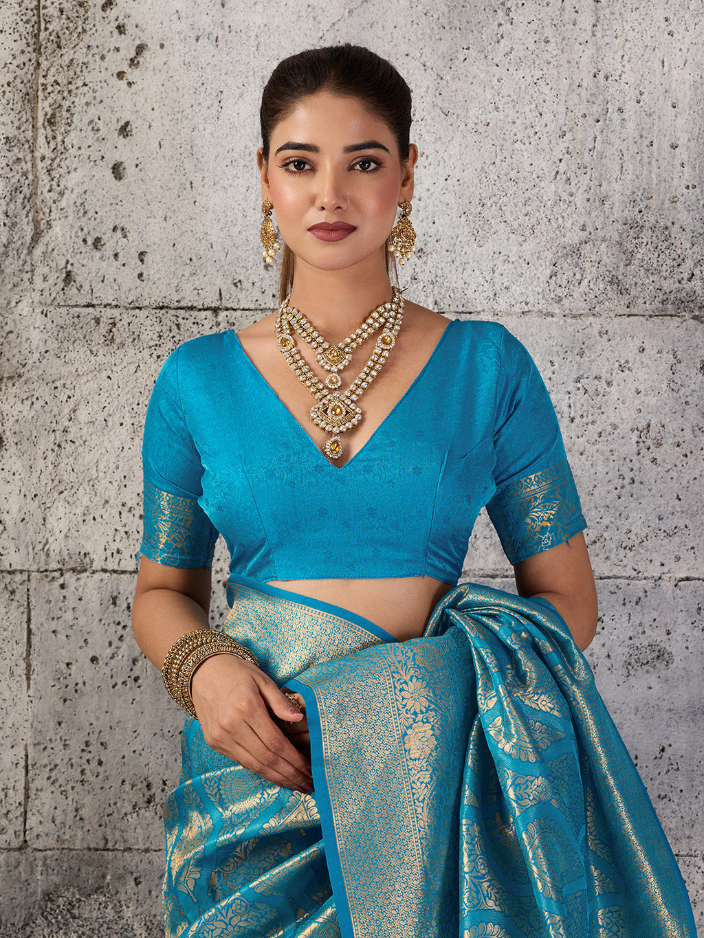 Shree Shyam Fashion Teal Blue Kanjivaram Silk Blend Fancy Saree | Grocsy