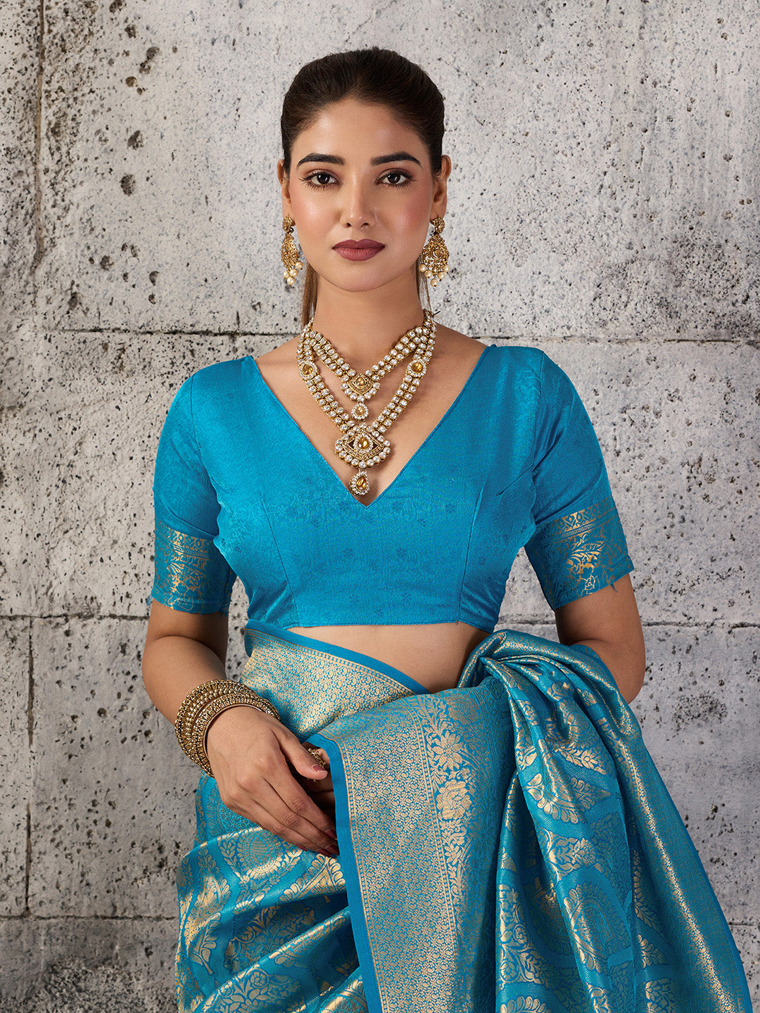Shree Shyam Fashion Teal Blue Kanjivaram Silk Blend Fancy Saree | Grocsy