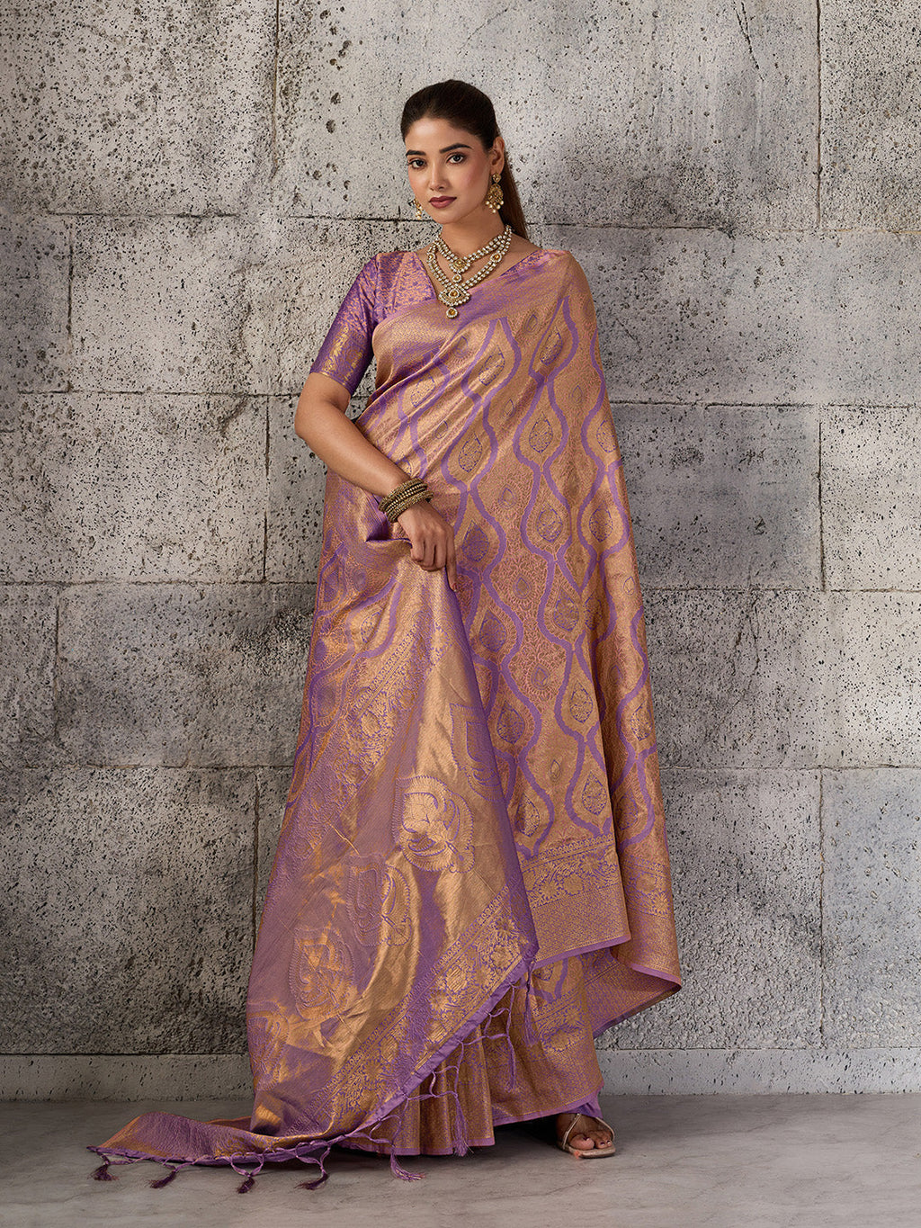 Shree Shyam Fashion Light Purple Kanjivaram Silk Blend Fancy Saree | Grocsy