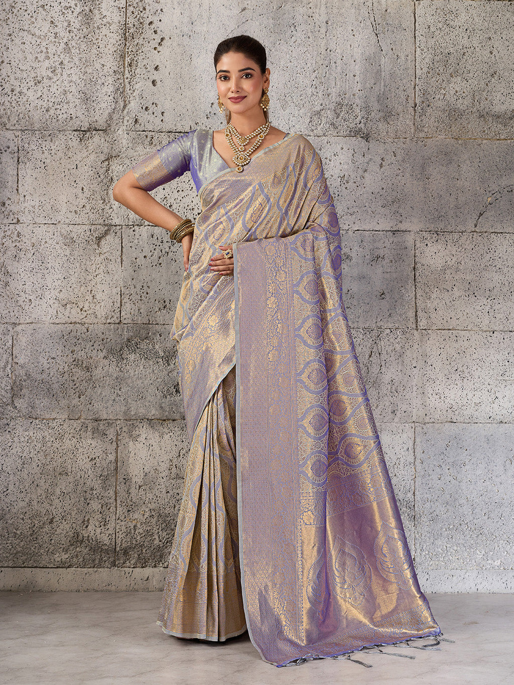 Shree Shyam Fashion Gray Kanjivaram Silk Blend Fancy Saree | Grocsy