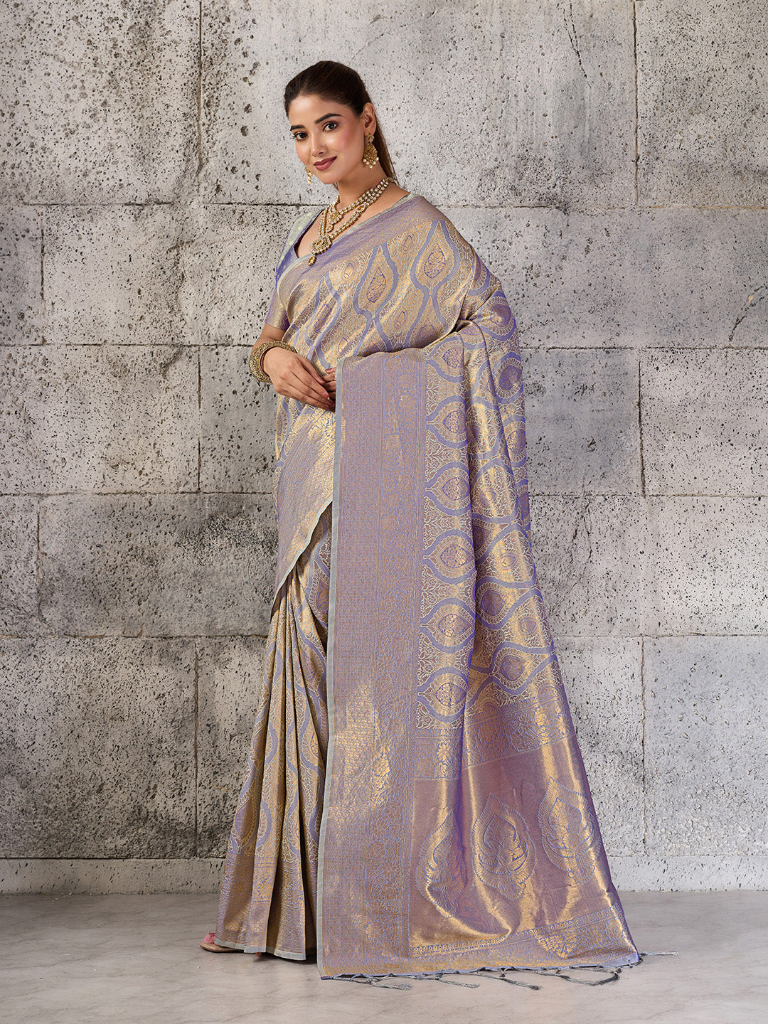 Shree Shyam Fashion Gray Kanjivaram Silk Blend Fancy Saree | Grocsy