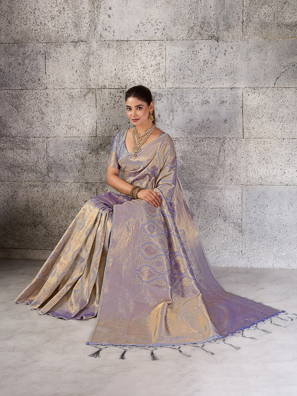 Shree Shyam Fashion Gray Kanjivaram Silk Blend Fancy Saree | Grocsy
