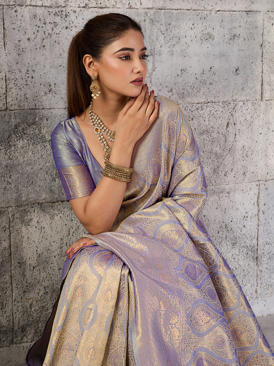 Shree Shyam Fashion Gray Kanjivaram Silk Blend Fancy Saree | Grocsy