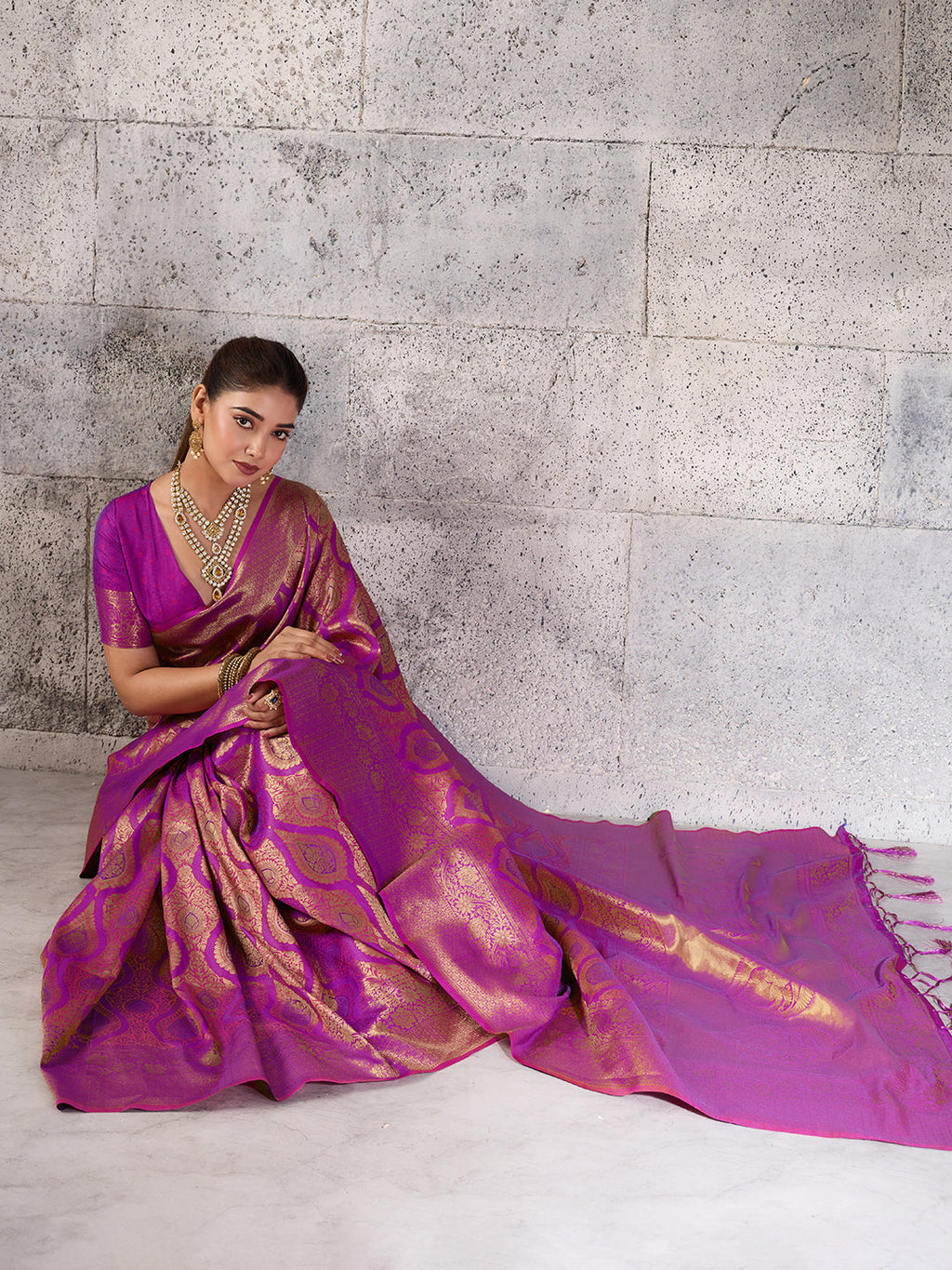 Shree Shyam Fashion Magenta Kanjivaram Silk Blend Fancy Saree | Grocsy