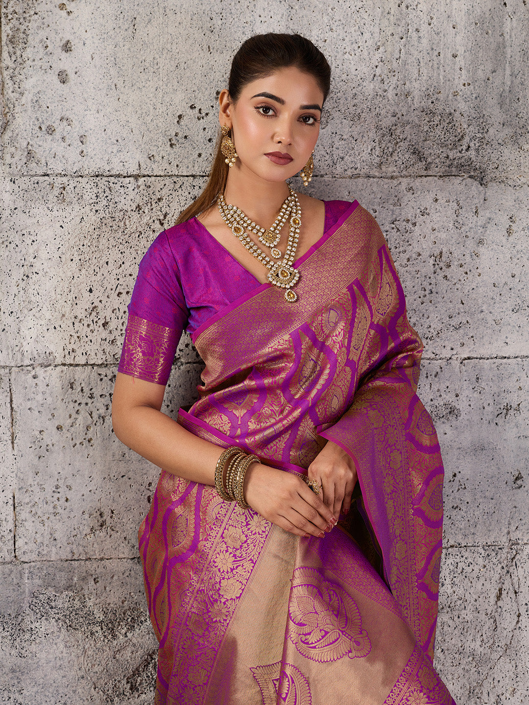 Shree Shyam Fashion Magenta Kanjivaram Silk Blend Fancy Saree | Grocsy
