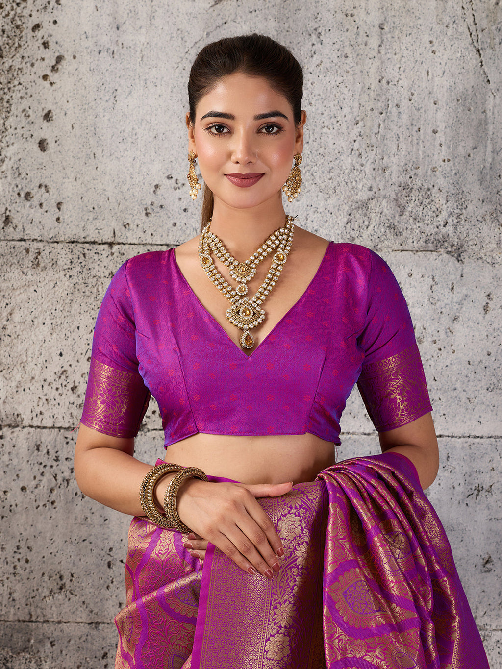 Shree Shyam Fashion Magenta Kanjivaram Silk Blend Fancy Saree | Grocsy