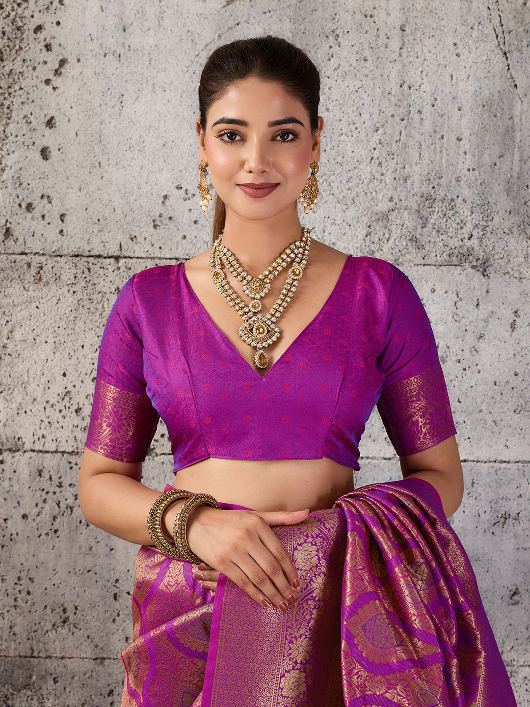 Shree Shyam Fashion Magenta Kanjivaram Silk Blend Fancy Saree | Grocsy