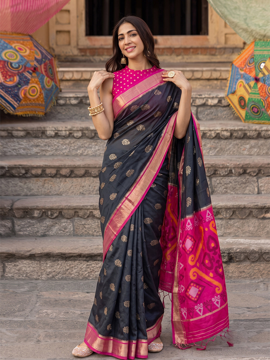 Shree Shyam Fashion Black & Rani Pink Woven Work Soft Silk Fabric Festive Wear Saree With Blouse | Grocsy