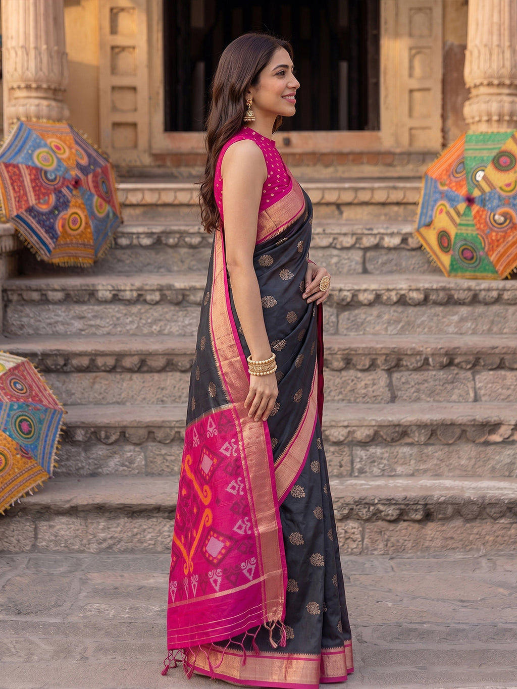 Shree Shyam Fashion Black & Rani Pink Woven Work Soft Silk Fabric Festive Wear Saree With Blouse | Grocsy