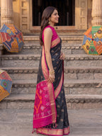 Shree Shyam Fashion Black & Rani Pink Woven Work Soft Silk Fabric Festive Wear Saree With Blouse | Grocsy