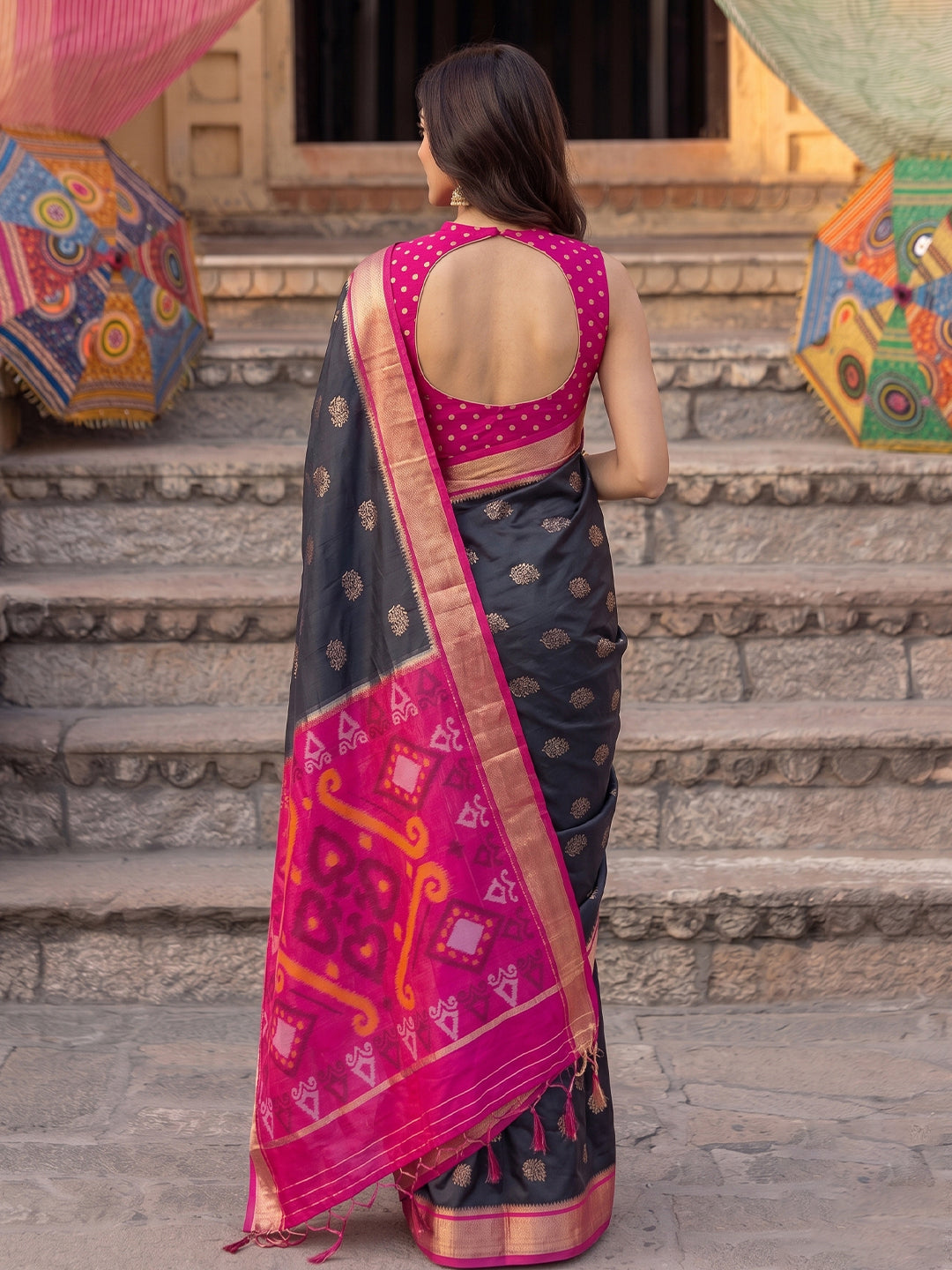 Shree Shyam Fashion Black & Rani Pink Woven Work Soft Silk Fabric Festive Wear Saree With Blouse | Grocsy
