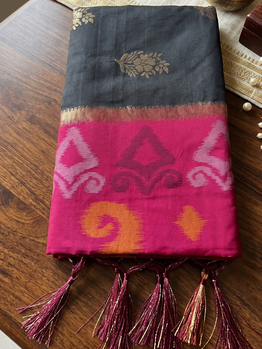 Shree Shyam Fashion Black & Rani Pink Woven Work Soft Silk Fabric Festive Wear Saree With Blouse | Grocsy