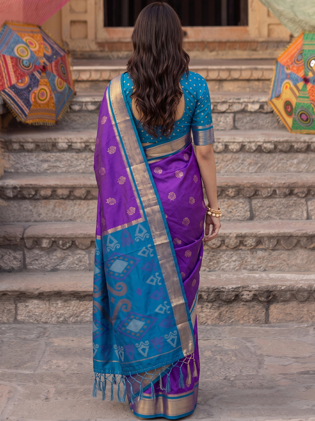 Shree Shyam Fashion Purple & Blue Woven Work Soft Silk Fabric Festive Wear Saree With Blouse | Grocsy