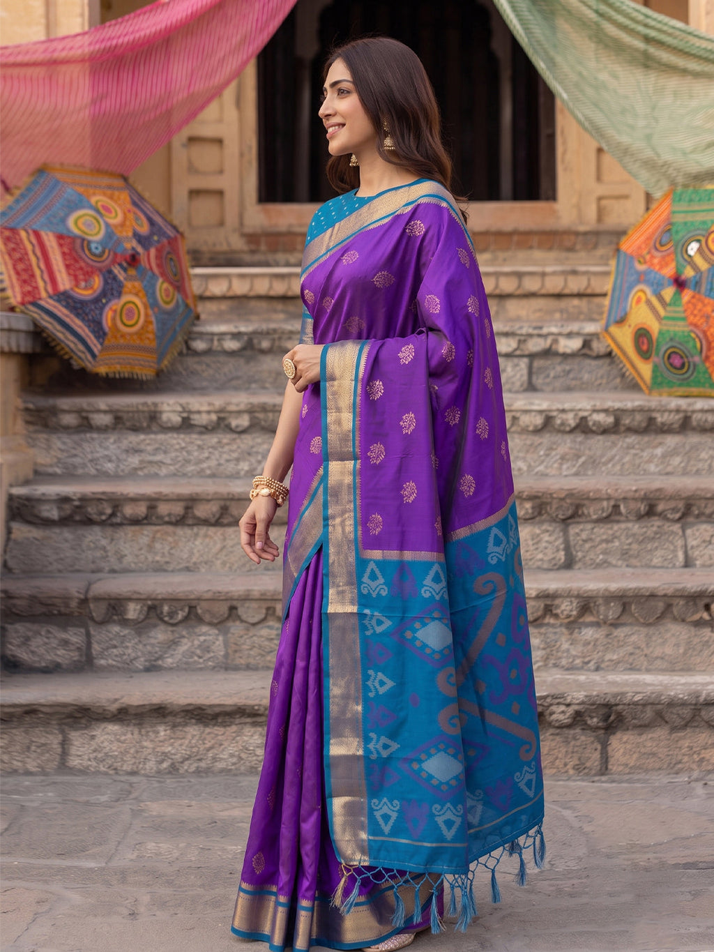 Shree Shyam Fashion Purple & Blue Woven Work Soft Silk Fabric Festive Wear Saree With Blouse | Grocsy