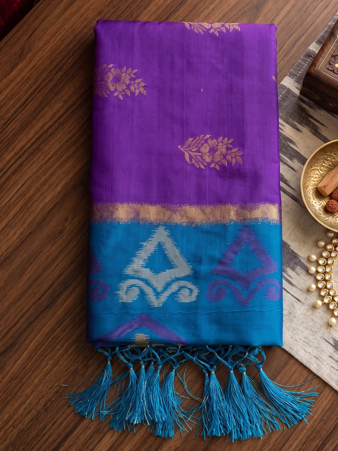 Shree Shyam Fashion Purple & Blue Woven Work Soft Silk Fabric Festive Wear Saree With Blouse | Grocsy