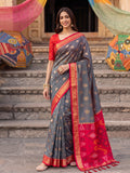 Shree Shyam Fashion Grey & Red Woven Work Soft Silk Fabric Festive Wear Saree With Blouse | Grocsy