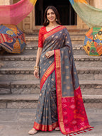 Shree Shyam Fashion Grey & Red Woven Work Soft Silk Fabric Festive Wear Saree With Blouse | Grocsy