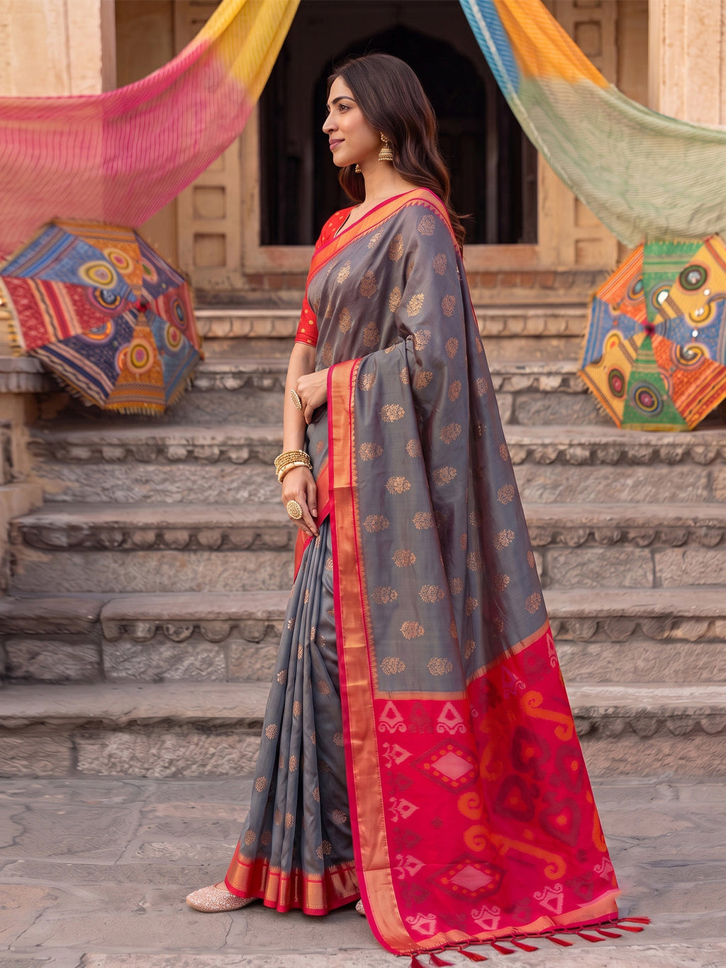 Shree Shyam Fashion Grey & Red Woven Work Soft Silk Fabric Festive Wear Saree With Blouse | Grocsy