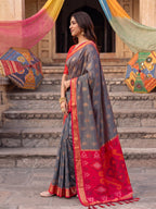 Shree Shyam Fashion Grey & Red Woven Work Soft Silk Fabric Festive Wear Saree With Blouse | Grocsy