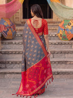 Shree Shyam Fashion Grey & Red Woven Work Soft Silk Fabric Festive Wear Saree With Blouse | Grocsy