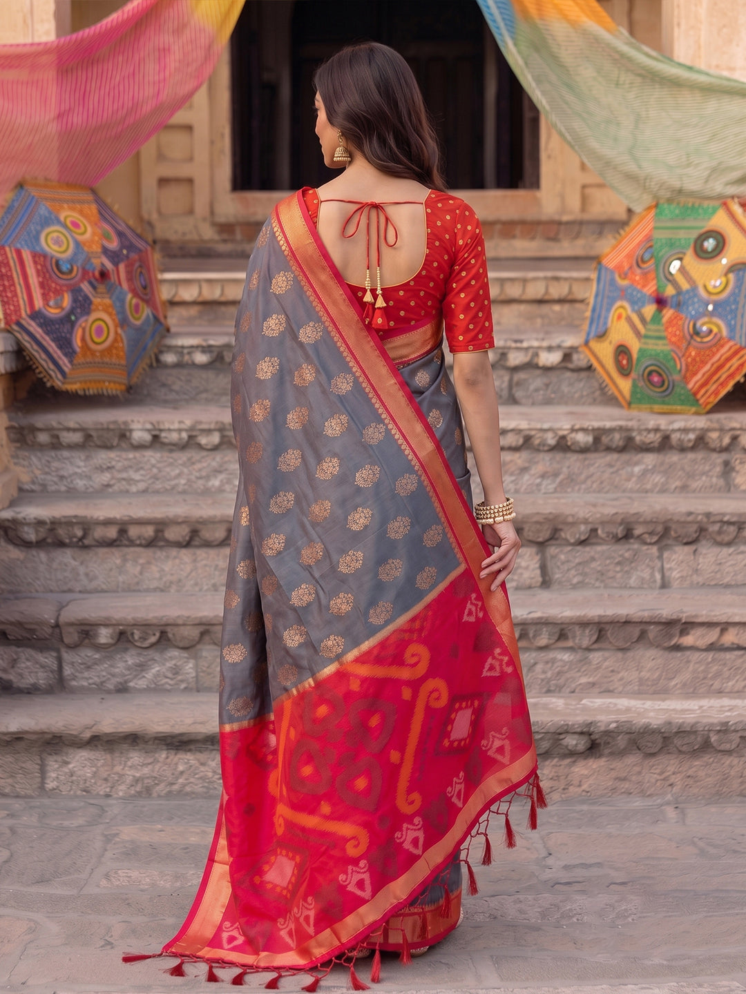 Shree Shyam Fashion Grey & Red Woven Work Soft Silk Fabric Festive Wear Saree With Blouse | Grocsy
