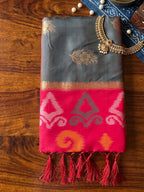 Shree Shyam Fashion Grey & Red Woven Work Soft Silk Fabric Festive Wear Saree With Blouse | Grocsy