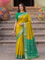 Shree Shyam Fashion Mustard & Green Woven Work Soft Silk Fabric Festive Wear Saree With Blouse | Grocsy