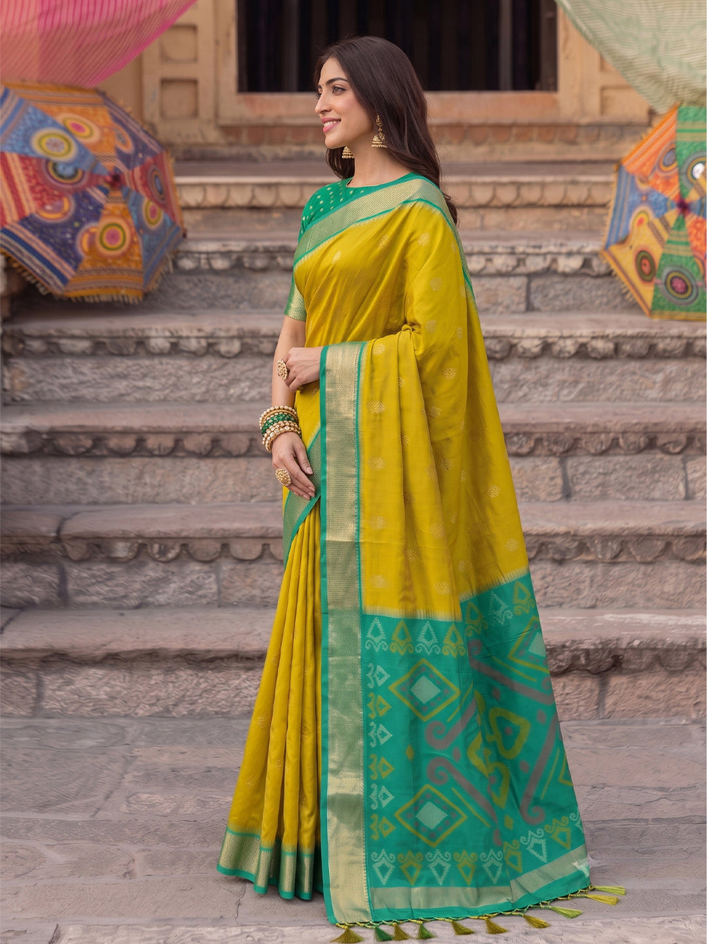 Shree Shyam Fashion Mustard & Green Woven Work Soft Silk Fabric Festive Wear Saree With Blouse | Grocsy
