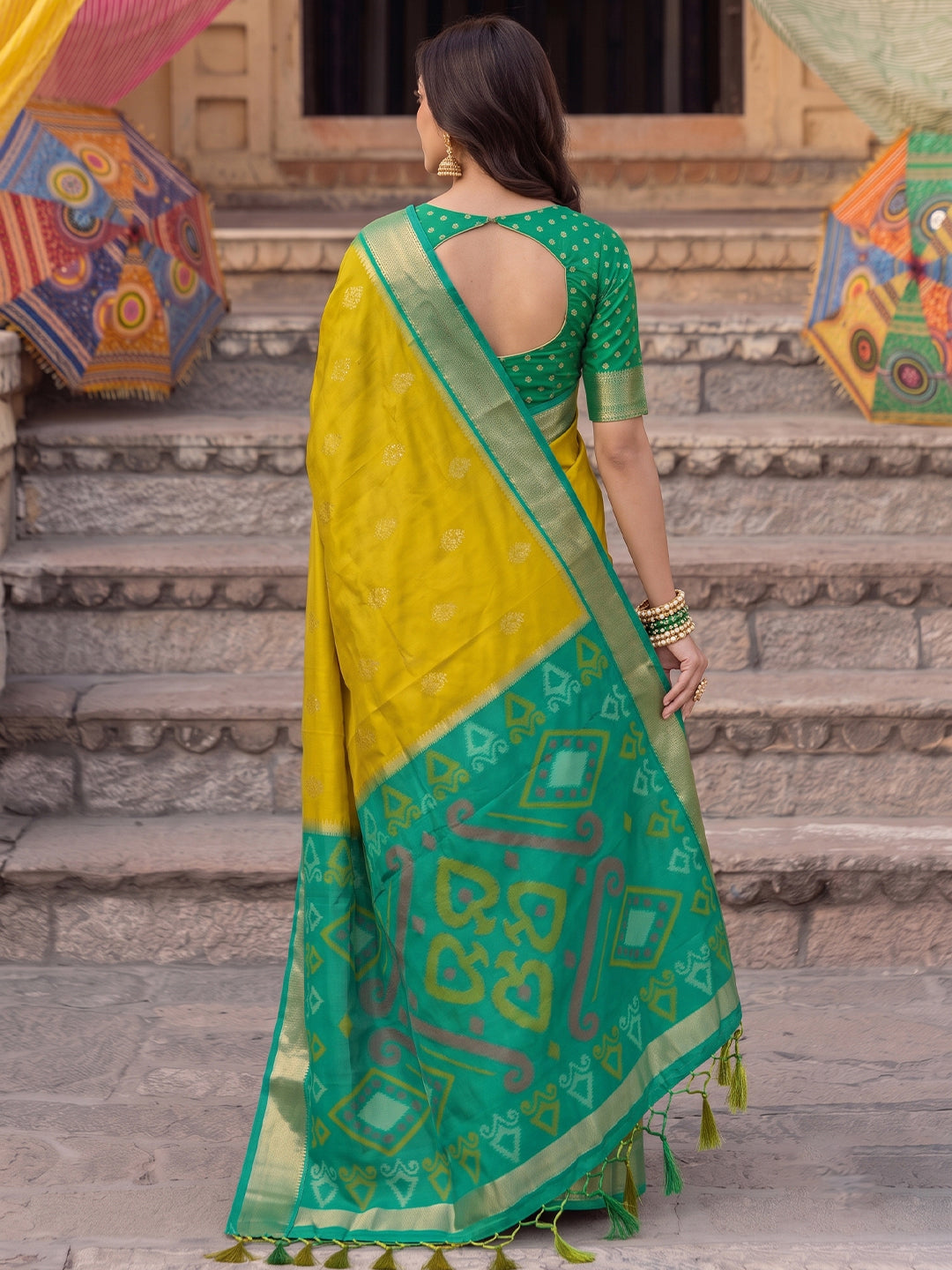 Shree Shyam Fashion Mustard & Green Woven Work Soft Silk Fabric Festive Wear Saree With Blouse | Grocsy
