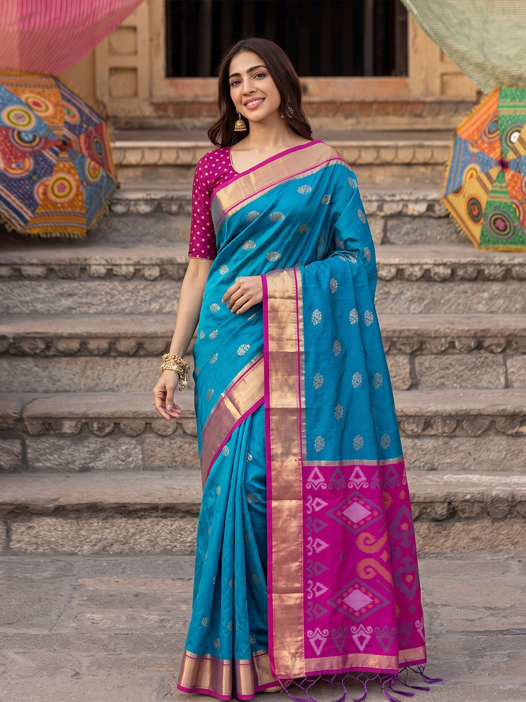 Shree Shyam Fashion Sky Blue & Rani Pink Woven Work Soft Silk Fabric Festive Wear Saree With Blouse | Grocsy
