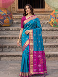 Shree Shyam Fashion Sky Blue & Rani Pink Woven Work Soft Silk Fabric Festive Wear Saree With Blouse | Grocsy