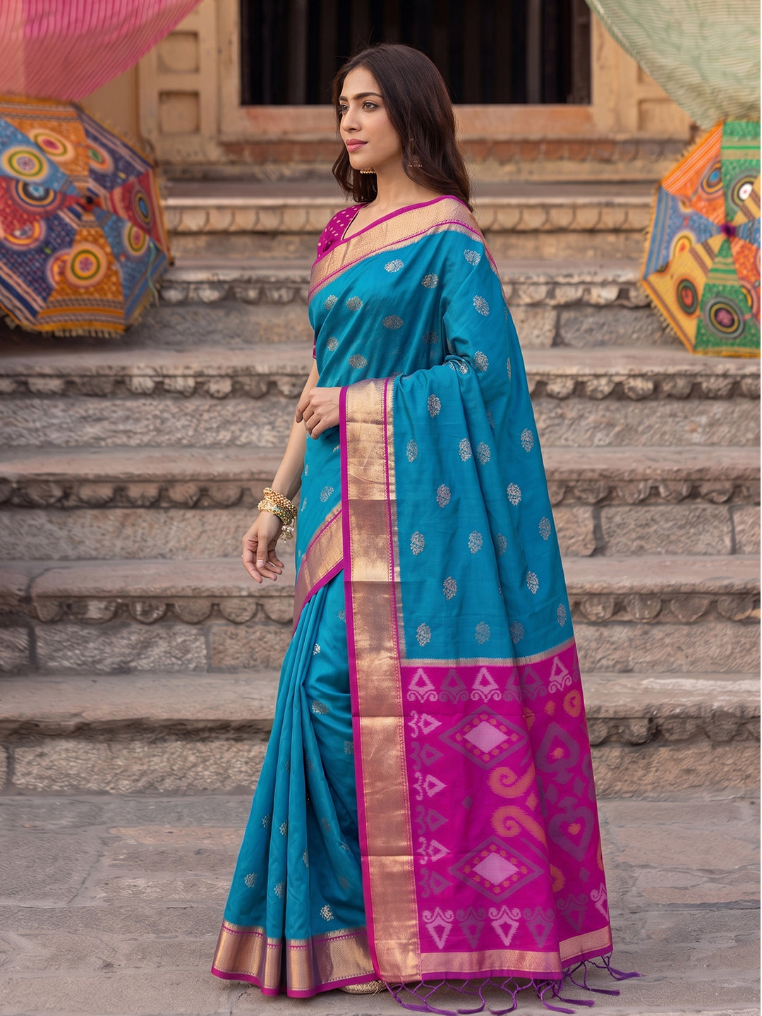 Shree Shyam Fashion Sky Blue & Rani Pink Woven Work Soft Silk Fabric Festive Wear Saree With Blouse | Grocsy