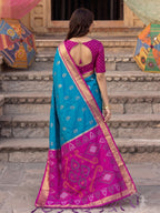 Shree Shyam Fashion Sky Blue & Rani Pink Woven Work Soft Silk Fabric Festive Wear Saree With Blouse | Grocsy