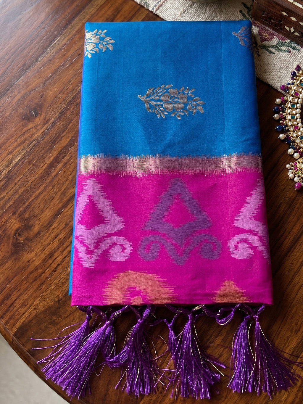 Shree Shyam Fashion Sky Blue & Rani Pink Woven Work Soft Silk Fabric Festive Wear Saree With Blouse | Grocsy