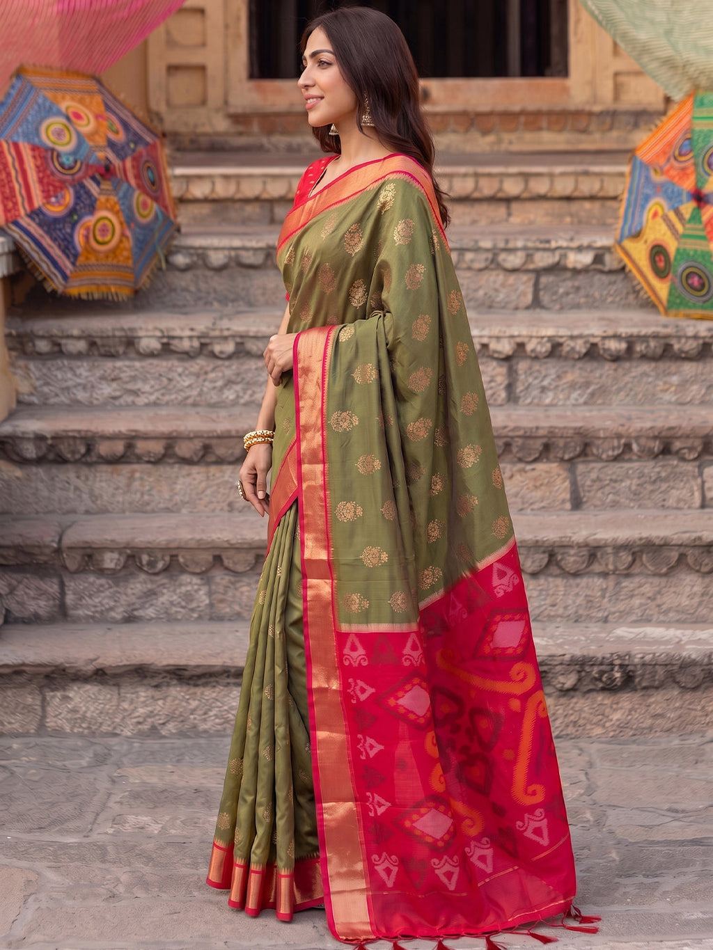 Shree Shyam Fashion Olive Green & Red Woven Work Soft Silk Fabric Festive Wear Saree With Blouse | Grocsy