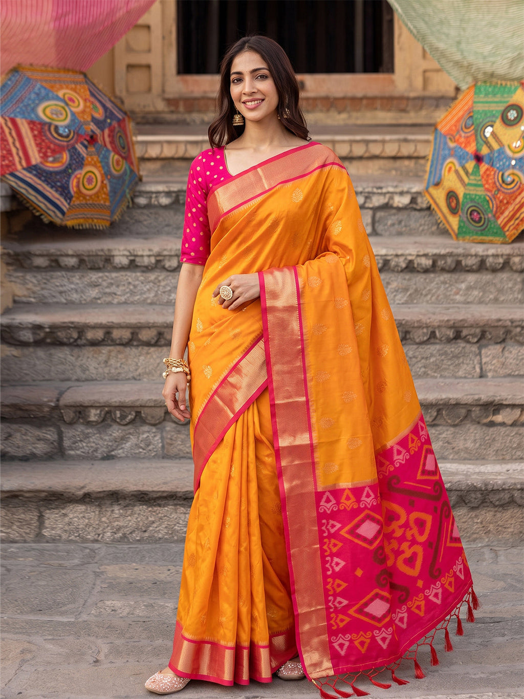Shree Shyam Fashion Yellow & Rani Pink Woven Work Soft Silk Fabric Festive Wear Saree With Blouse | Grocsy