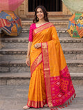 Shree Shyam Fashion Yellow & Rani Pink Woven Work Soft Silk Fabric Festive Wear Saree With Blouse | Grocsy