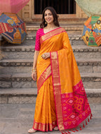 Shree Shyam Fashion Yellow & Rani Pink Woven Work Soft Silk Fabric Festive Wear Saree With Blouse | Grocsy